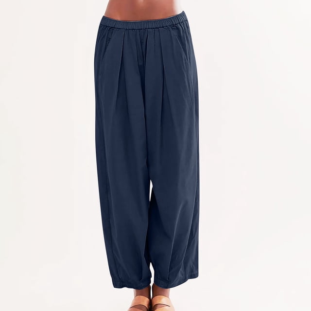 RXIRUCGD Women's Solid Cotton And Linen Drawstring Loose Casual Wide Leg Pants, Navy, Size: L