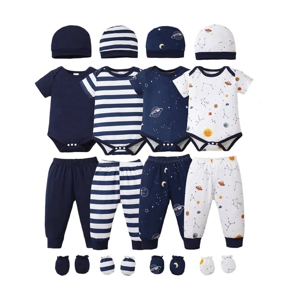 KIMI BEAR Newborn Baby Boys Layette Gift Set 0-3 Months Summer Outfits 4 Packs Short Sleeves Romper Top Pants Hats Gloves 16pcs Blue