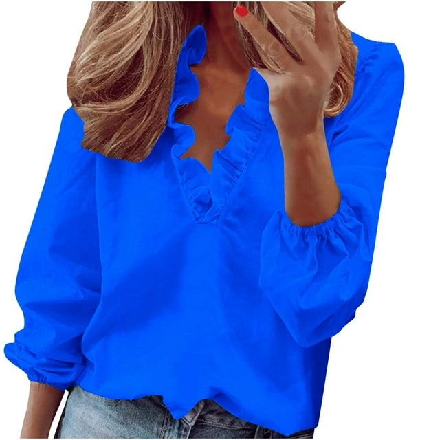 Bowake Women's Plus Size Tunic Tops Trendy Ruffle V Neck Long Sleeve Shirts Casual Solid Color Fall Spring Blouse Tee