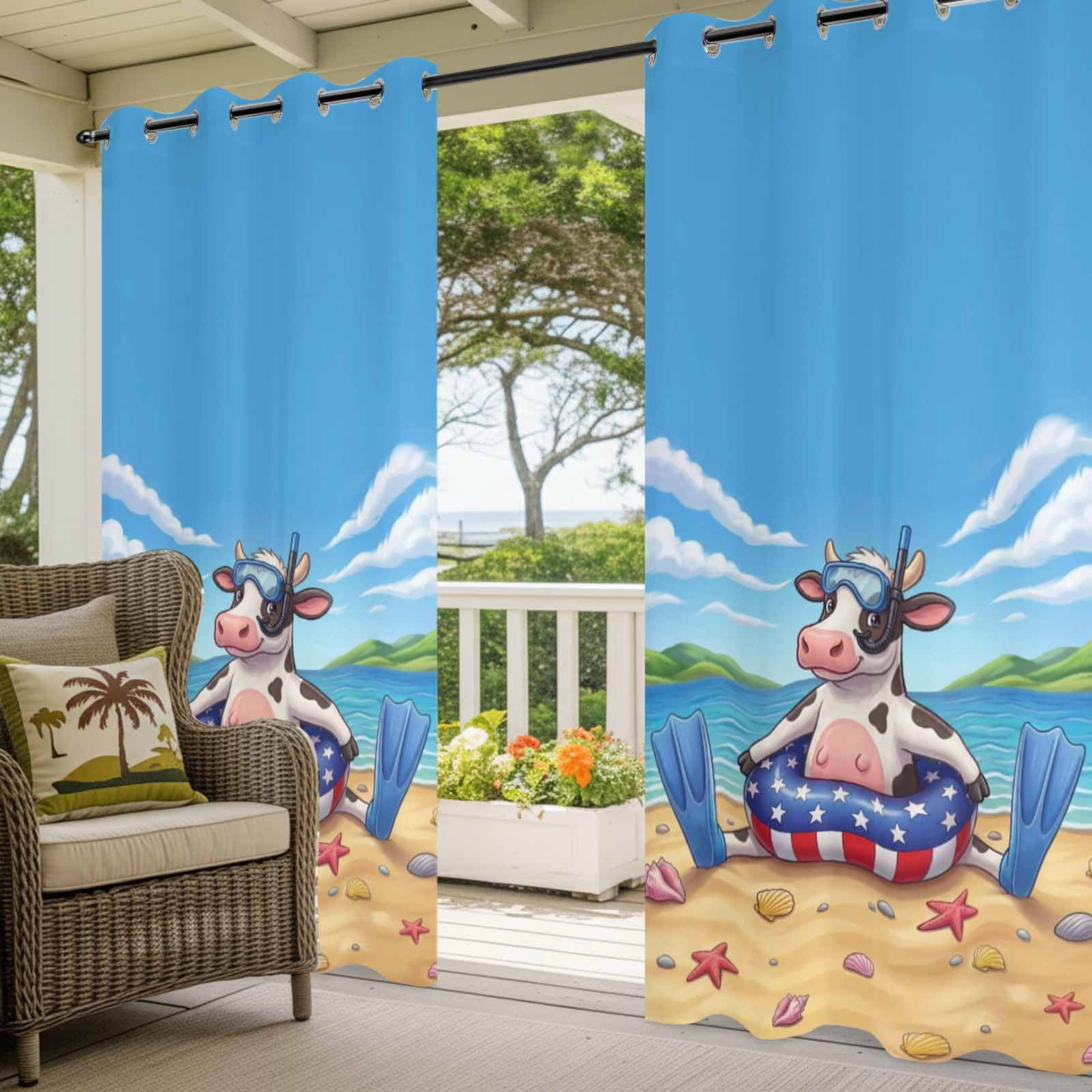 Snorkeling Cow Outdoor Curtains for Patio, Summer Beach Ocean Patriotic Swimming Ring Sunshade Privacy Drapes Grommet Waterproof Outside Curtains for Porch/Cabana/Balcony 54"x 108", 1 Panel