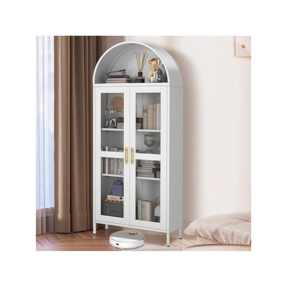 73" Tall Arched Pantry Cabinet,Versatile Cupboard With Glass Door, 2 Adjustable Shelves & Drawers,Modern Farmhouse Arched Bookcase White