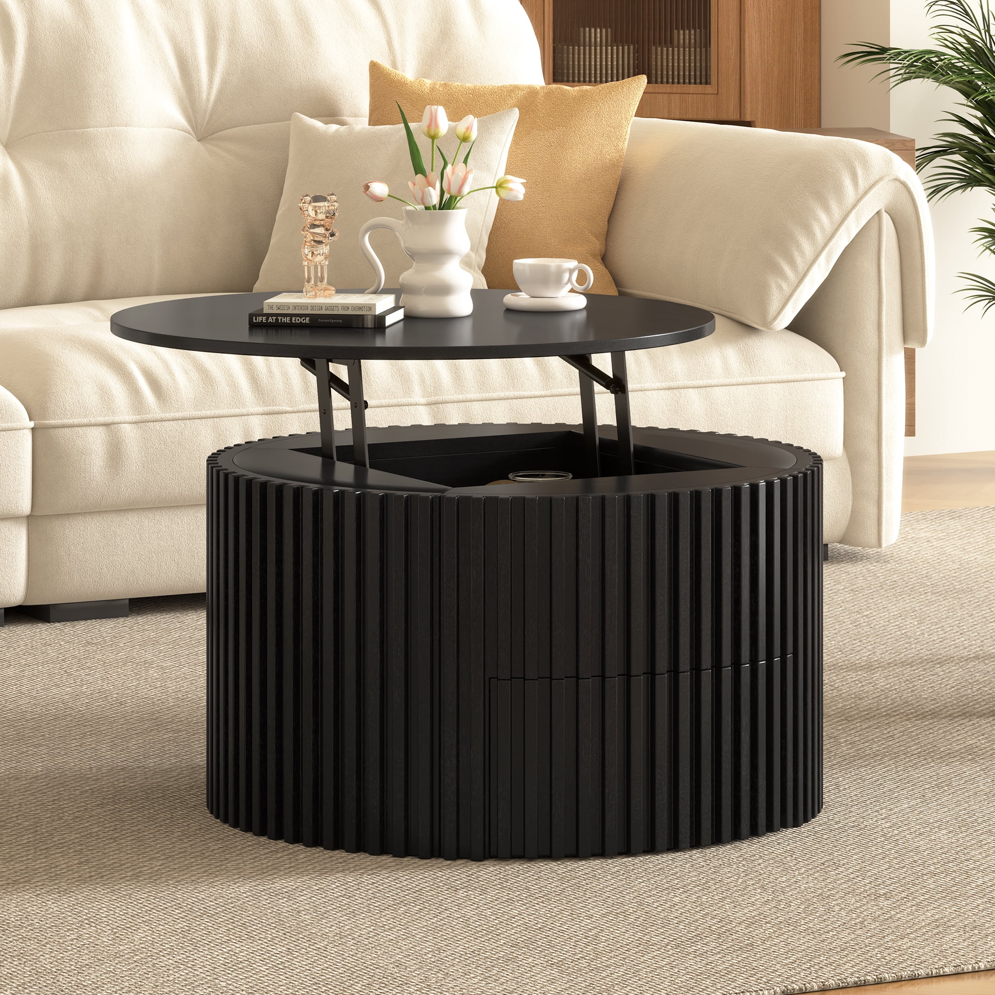 Mintazer Farmhouse Round Lift Top Coffee Table, Modern Fluted Accent Coffee Table with Drawer & Hidden Storage for Living Room, Black