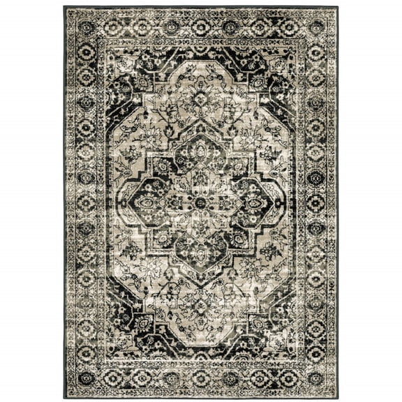 HomeRoots 6' X 9' Black Grey Tan And Ivory Oriental Power Loom Stain Resistant Area Rug