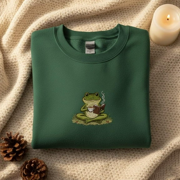 Frog Reading Book Embroidered Sweatshirt, Cottagecore Aesthetic, Cozy Froggy Academia Sweater, Book Lover Gift, Dark Academia Clothing