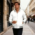 thumbnail image 2 of Men's Stand Up Collar Sports Jacket with Contrasting Stripes and Zippered Jacket, Modern Design for Active Lifestyles and Casual Outings,White,L, 2 of 5