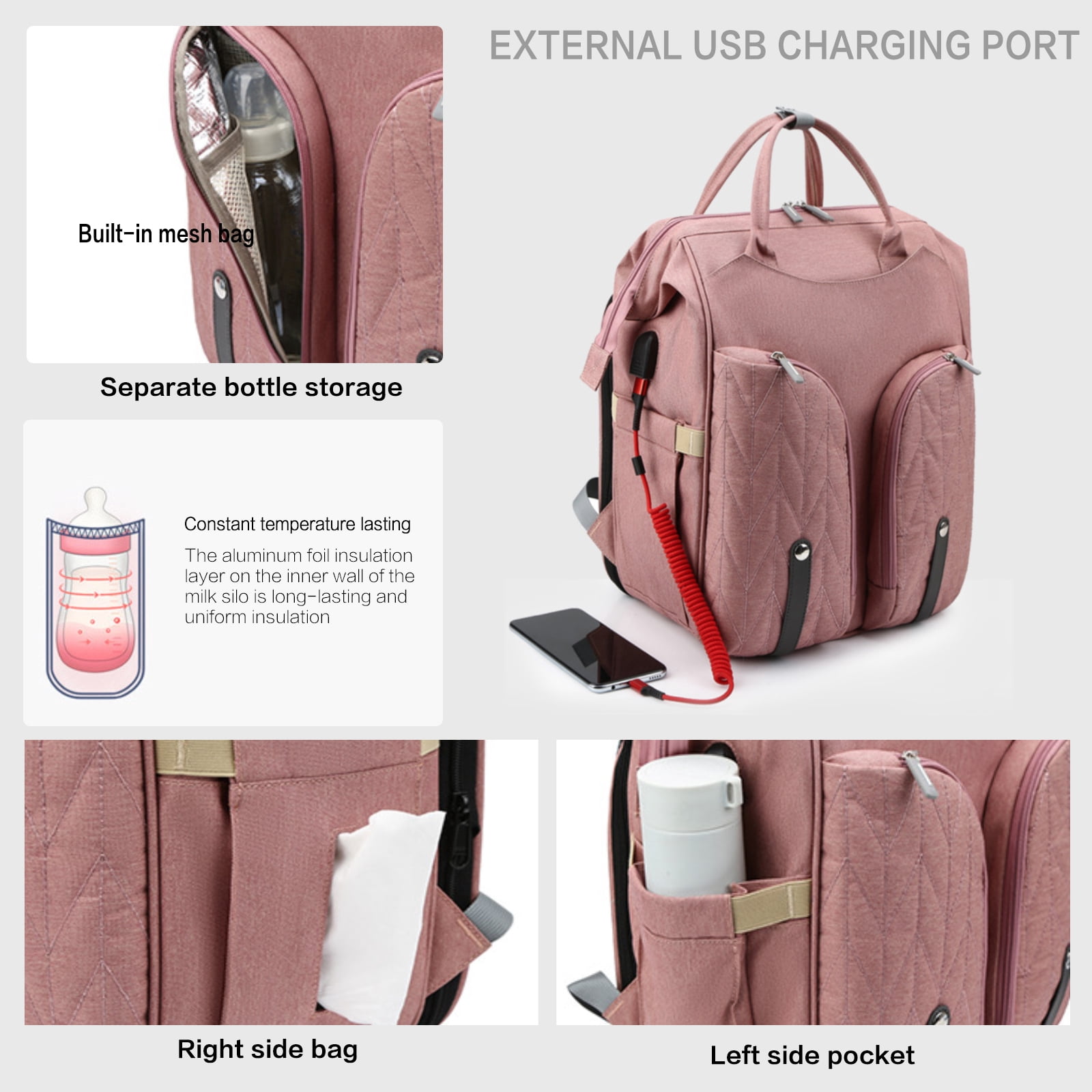 Baby Diaper Bag Backpack with Foldable Bed Changing Bed Bag with Changing Mat &Stroller Straps Portable Large Capacity for Travel Baby Supplies