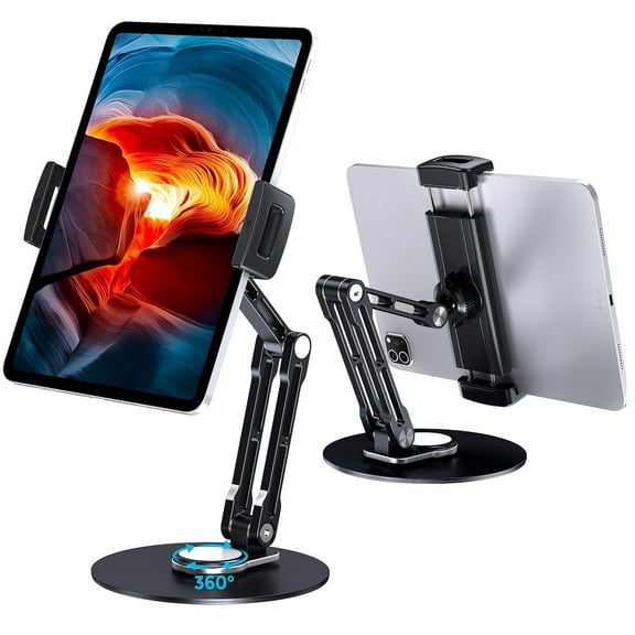 CreaDream Tablet Stand Holder for iPad, Adjustable with 360 Rotating Base for Desk, Aluminum Tablet Stand with 11" Arm Compatible with iPad Air/Mini, 10.2/9.7, Pro 11/13 and More, Black