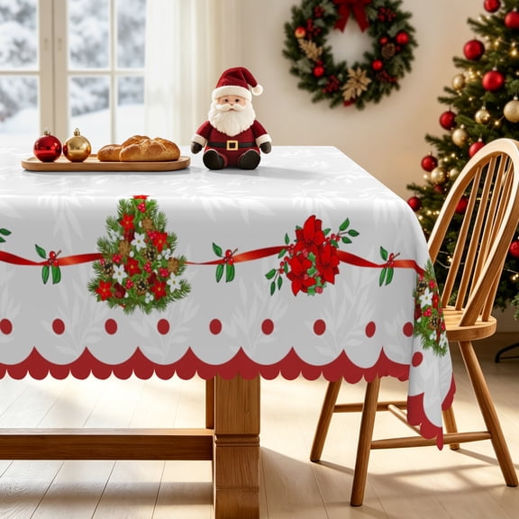 Classic Winter Christmas Wreath Tablecloth,52x70 Inch Washable Table Cover for Indoor Outdoor Party Decor