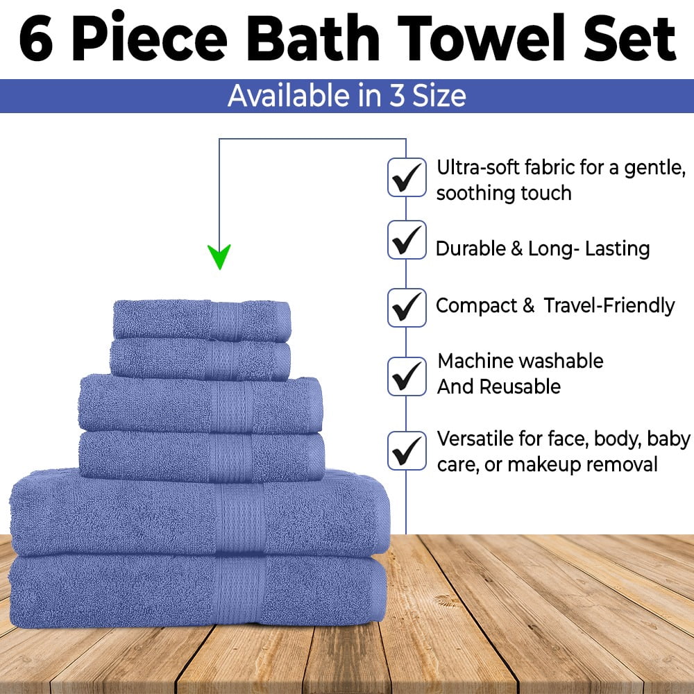 KAHAF COLLECTION 6 Piece Towel Set Blue – 100% Ringspun Cotton Soft & Highly Absorbent–Includes 2 Bath Towels, 2 Hand Towels & 2 Washcloths – Quick Dry, Durable and Luxurious Bathroom Essentials