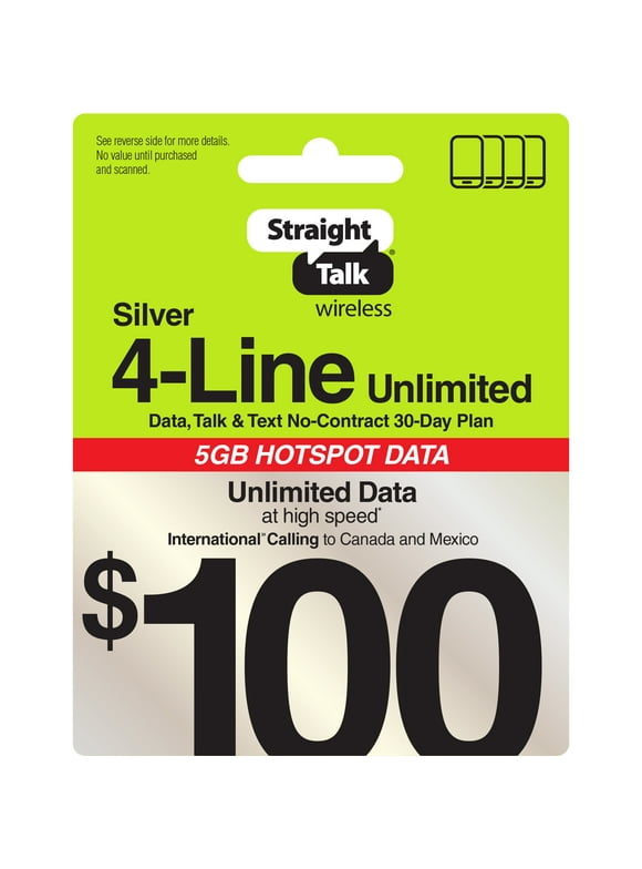 Straight Talk $100 Silver 4-Line Unlimited 30-Day Prepaid Plan + 5GB Hotspot Data + Int'l Calling e-PIN Top Up (Email Delivery)