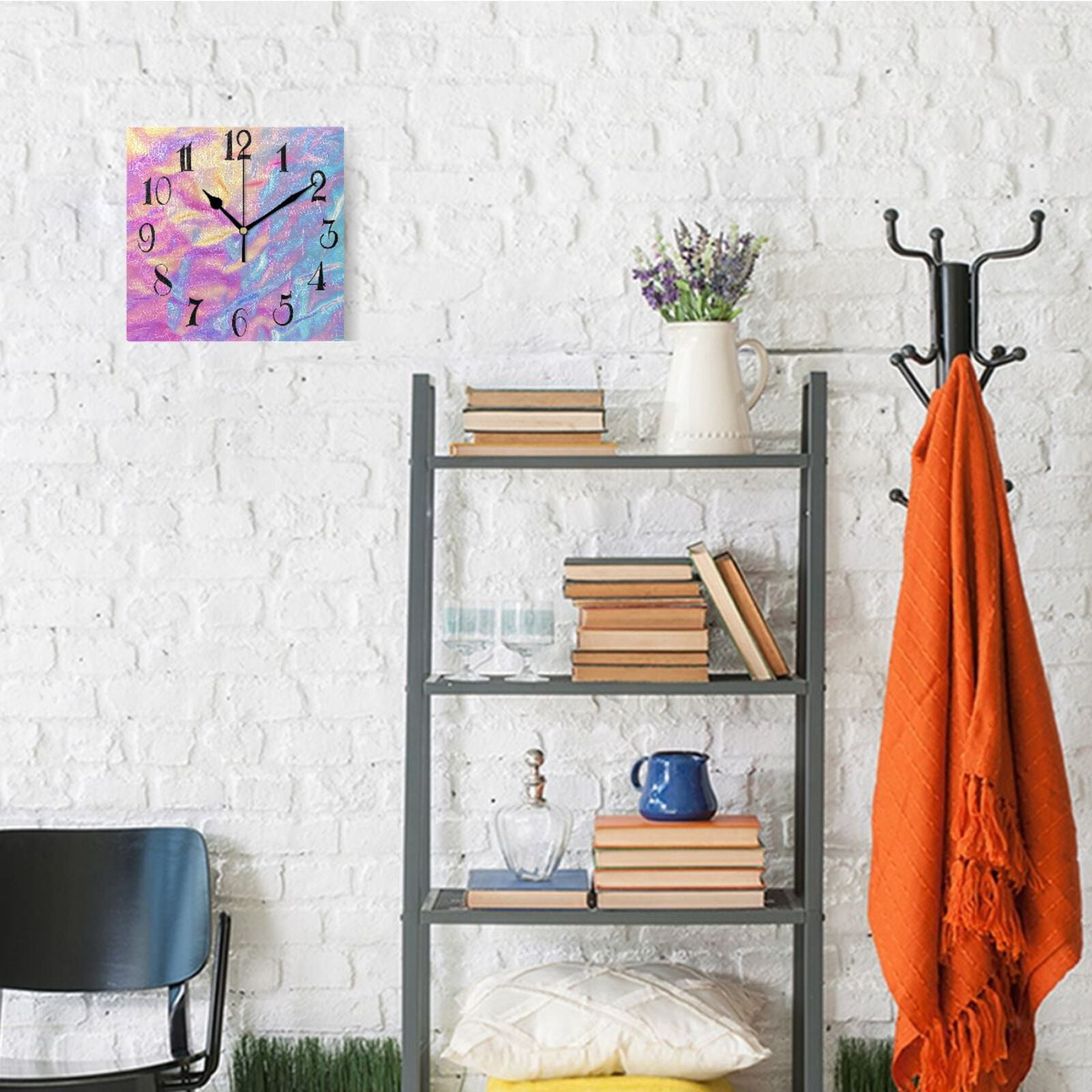 Colorful Hologram Waves Wall Clock Decorative Square Silent Non-Ticking Operated Clocks Aesthetic for Bedroom Living Room