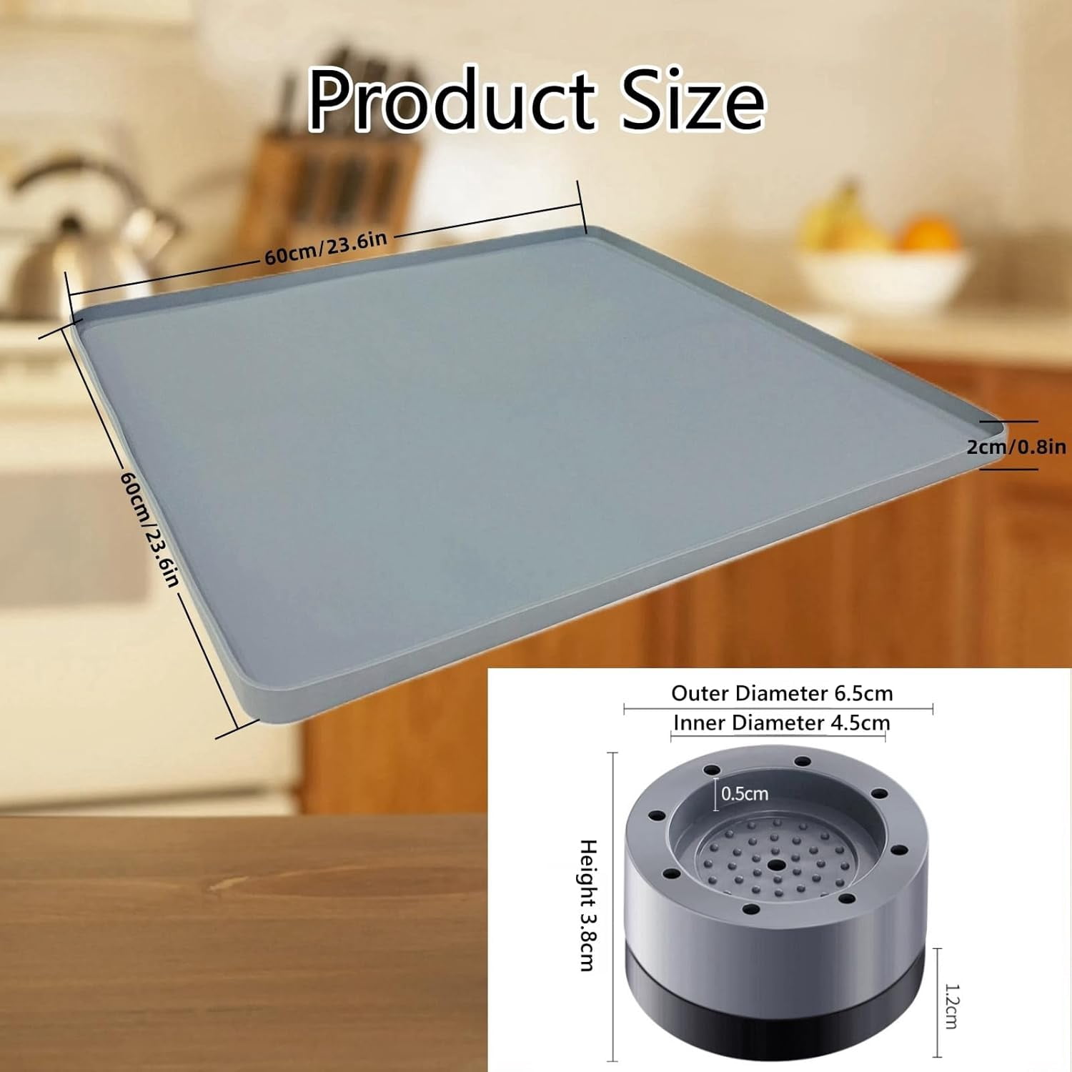 Mini Fridge Silicone Mat with Raised Edges, 24" x 24" x 0.8" Mini Fridge Drip Tray, Mini Refrigerator Carpets Floor Protector (24" Black No Base Raisers)