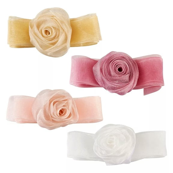 U8MO 4Pcs Cloth Rose Ribbon Chokers Organza Flower Necklace for Women 39-3/8~46-1/2"
