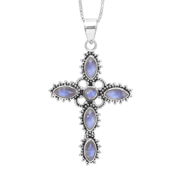 Earth Gems Jewelry Moonstone Cross Pendant Necklace Silver Gemstone Religious Jewelry for Women
