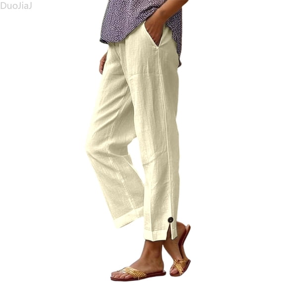 DuoJiaJ Casual Loose Fit Straight Leg Pants Elastic Waist With Pockets Soft Linen Blend Comfortable Trousers For Everyday Wear Women's Wide Leg Pants Beige L