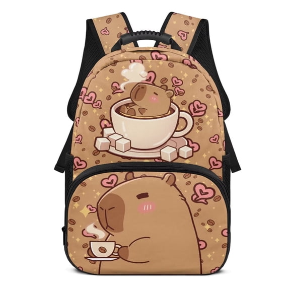 Garronmavis Cute Coffee Capybara 17-Inch Large Capacity Kids Backpack, Unisex Multi-Pocket School Bag with Front Pocket Side Mesh Pockets Adjustable Straps, Ideal for Elementary School
