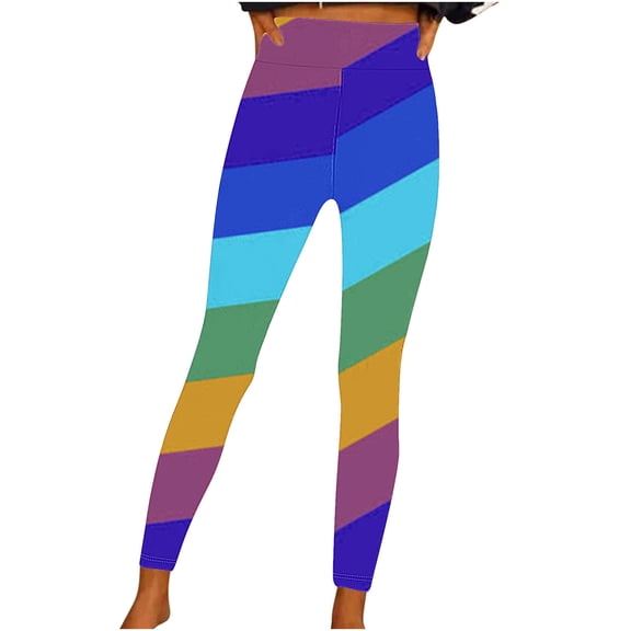 TFEOQRY Women's Yoga Pants Slanted Rainbow Print Full Length Pants Medium Waist Trousers Blue