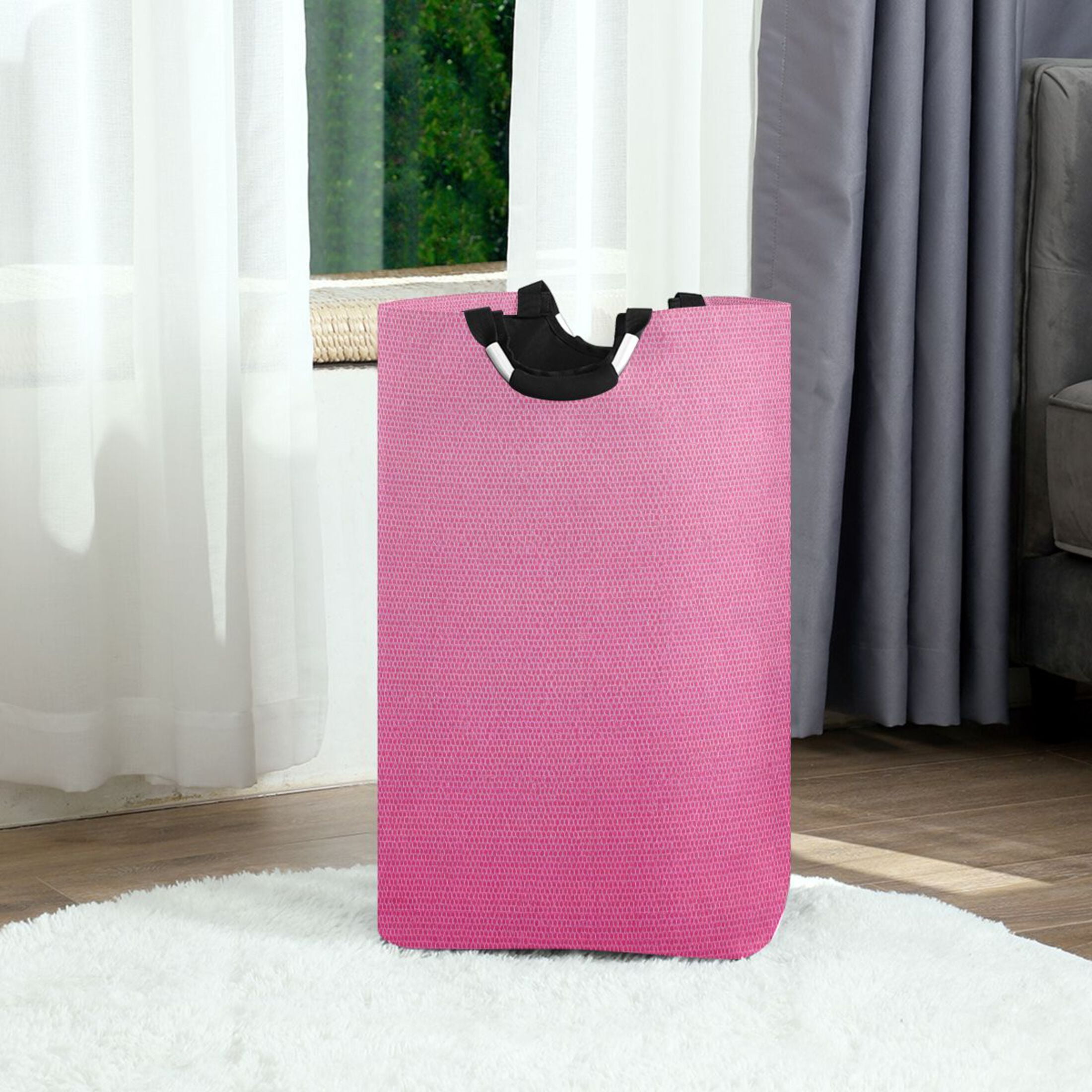 Gradient Pink Fabric Texture Laundry Basket with Handles Foldable Laundry Hamper Freestanding Washing Bin 50L