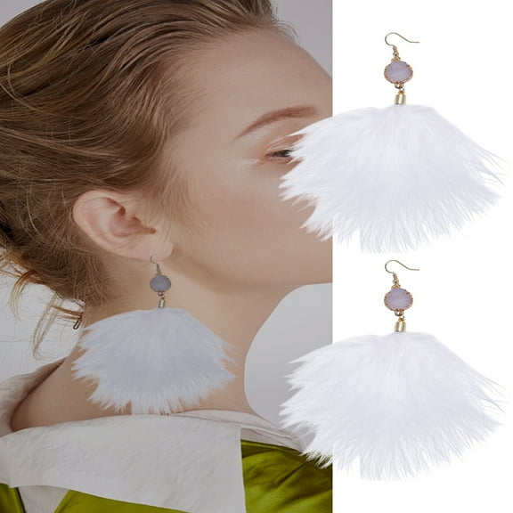 1 Set 1 Piar Feather Dangle Earrings with Stainless Steel Pins Golden White 145x80mm 1pair