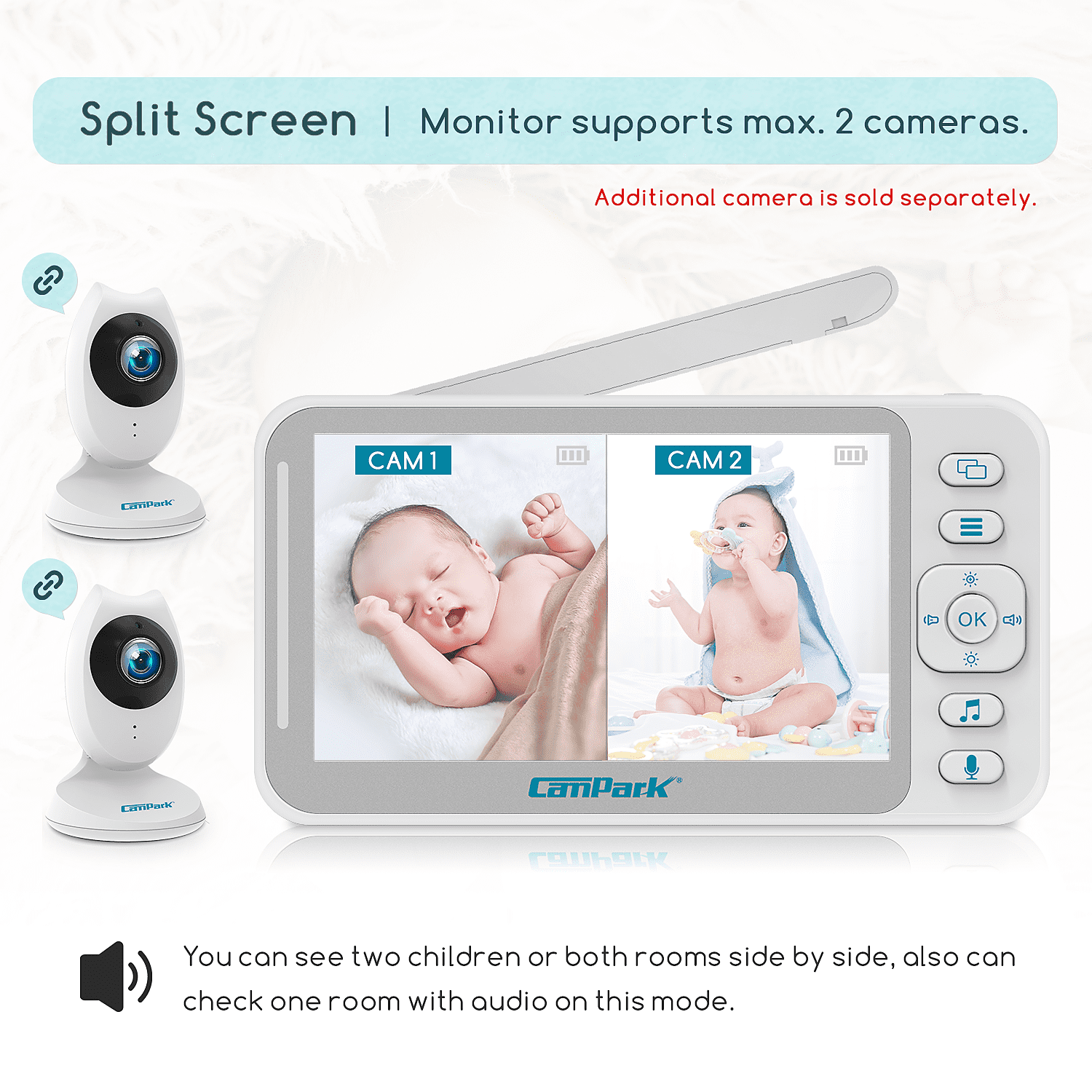 Campark 2 Cameras with Battery Baby Monitor, Video Baby with Camera and Audio, 4.3" LCD Split Screen, Two-Way Talk, Night Vision, VOX Mode, 8 Lullabies, Temperature Monitor - Walmart.com
