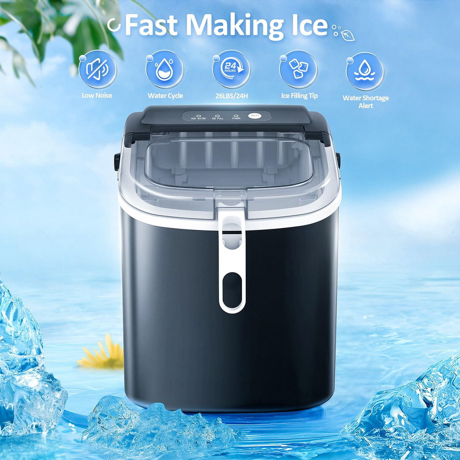 YUKOOL Countertop Ice Maker with Handle Portable Ice Maker, 26lbs/24 Hours, 6 Minutes/9 Ice Cubes, S/L Bullet Ice, Self Cleaning, Suitable for Home, Kitchen, Office, Leisure Area(Black)