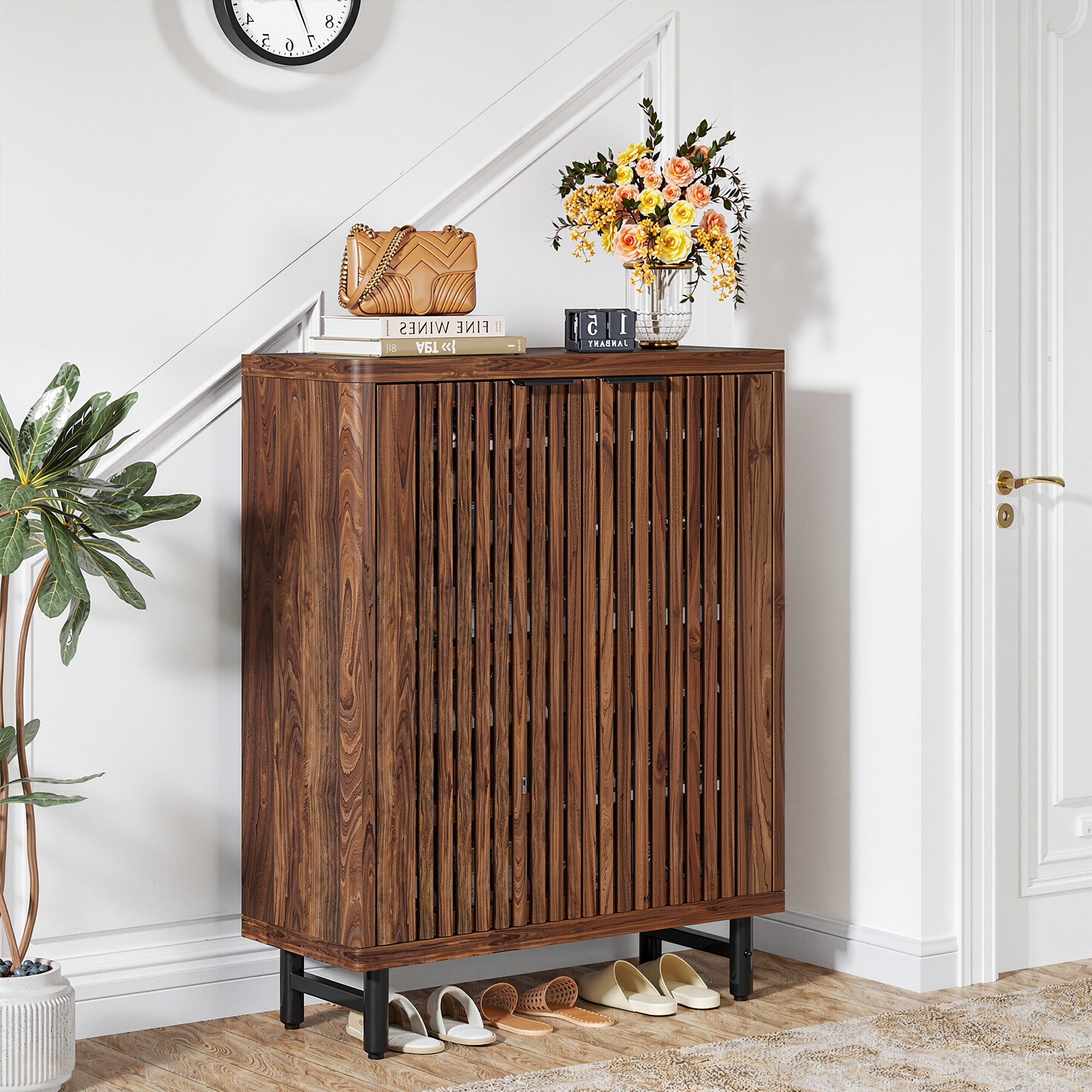 MAYEERTY Dark Walnut Breathable Louvered Shoe Cabinet, Ventilated Wooden Shoe Storage for Entryway