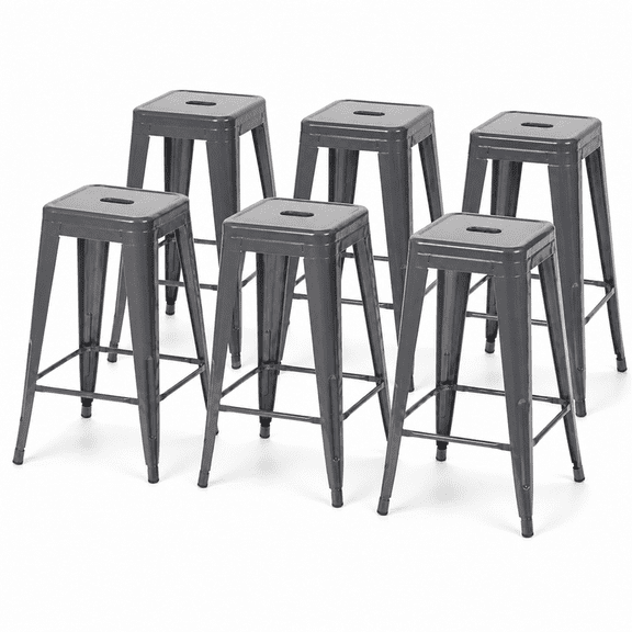 30 Inch Backless Metal Bar Stools, Set of 6, Gray, Carry Hole and Four-Sided Footrest
