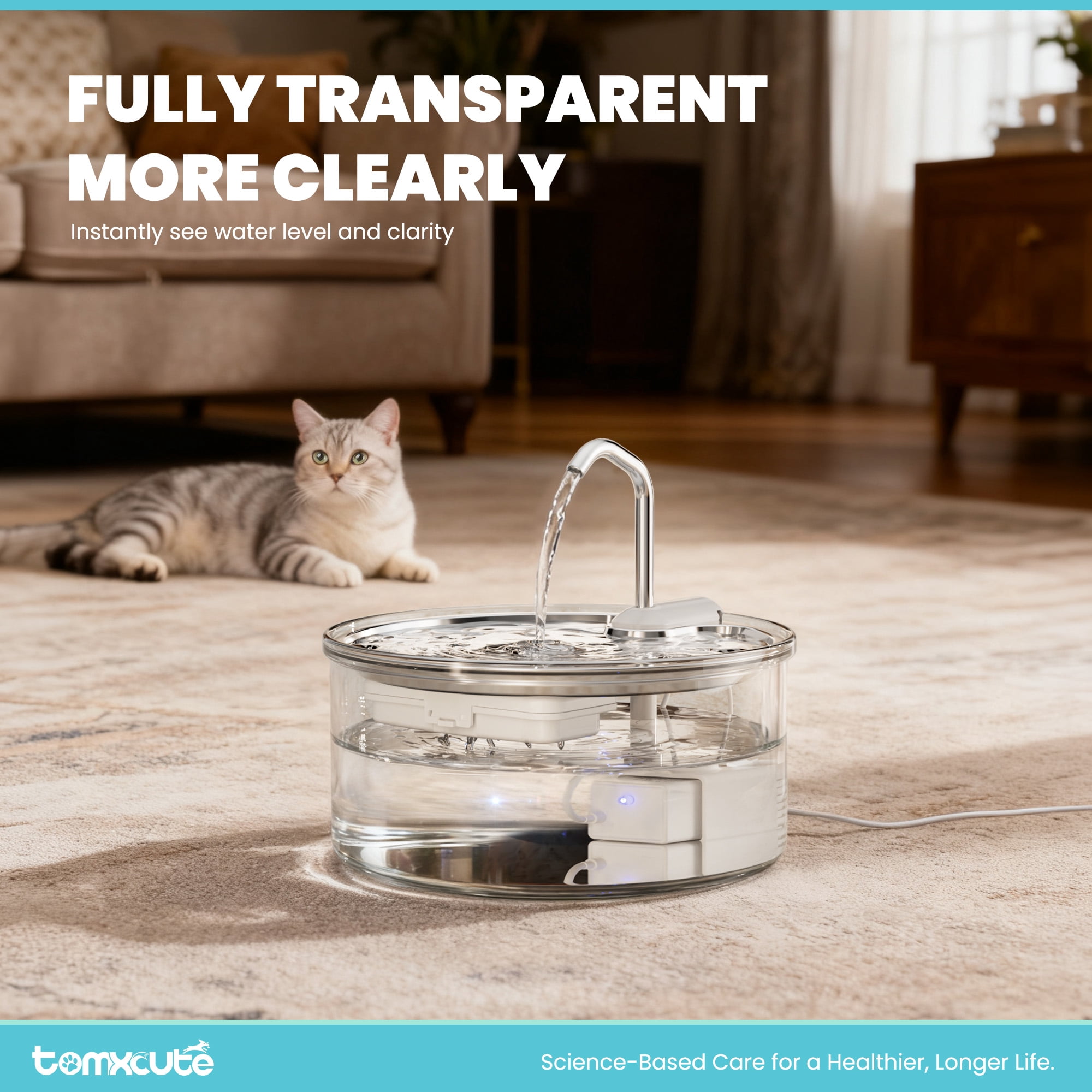 FURCLAN Glass Cat Water Fountain , 24/7 Reliable Corded Pet Water Fountain with Quiet Pump and Filter, 108oz/3.2L Large Capacity Dog Water Fountain for Cats, Dogs, and Multiple Pets