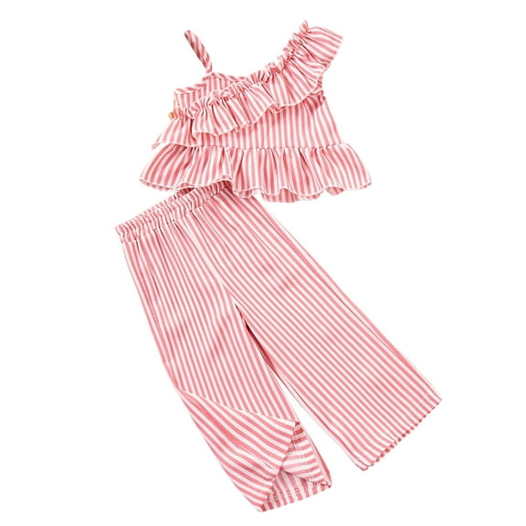 ZACPNCV Girl's 2 Piece Outfit Striped Ruffle Trim Asymmetrical Neck Top and Wide Leg Pants Set Pink 4-5 Years