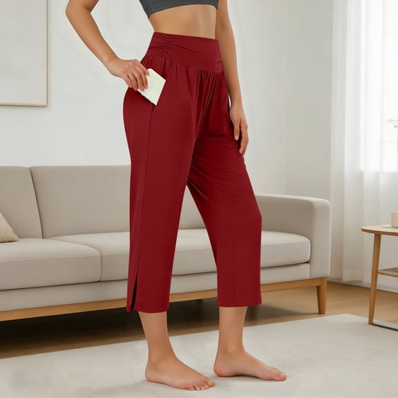 BRGZLK Women's Plus Size Capri Pants Summer Rest Home Sports Solid Color Pleated Elastic Waist Slit Seven Points Pants Pocket Wine XXL