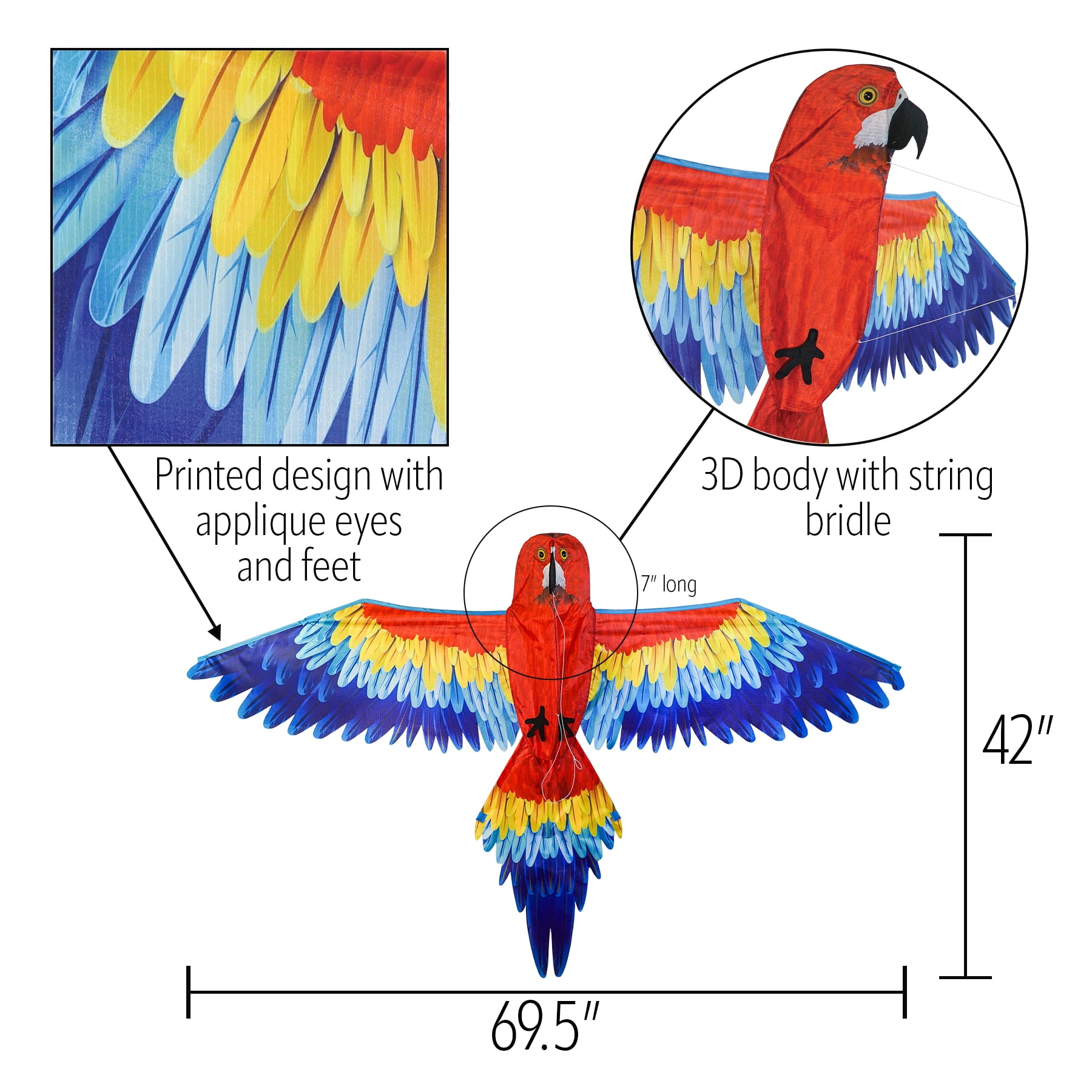 In the Breeze 3381 — 3D Parrot Kite — Colorful-Printed Bird Kite with Applique Details, Kite Line and Reusable Bag Included