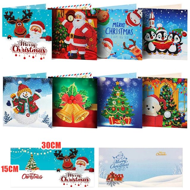 Tarjetas de pintura de diamantes Navidad para amigos y familiares, kit de tarjetas de felicitación, pintura por número, pintura con diamantes de Navidad, 8 Uds.