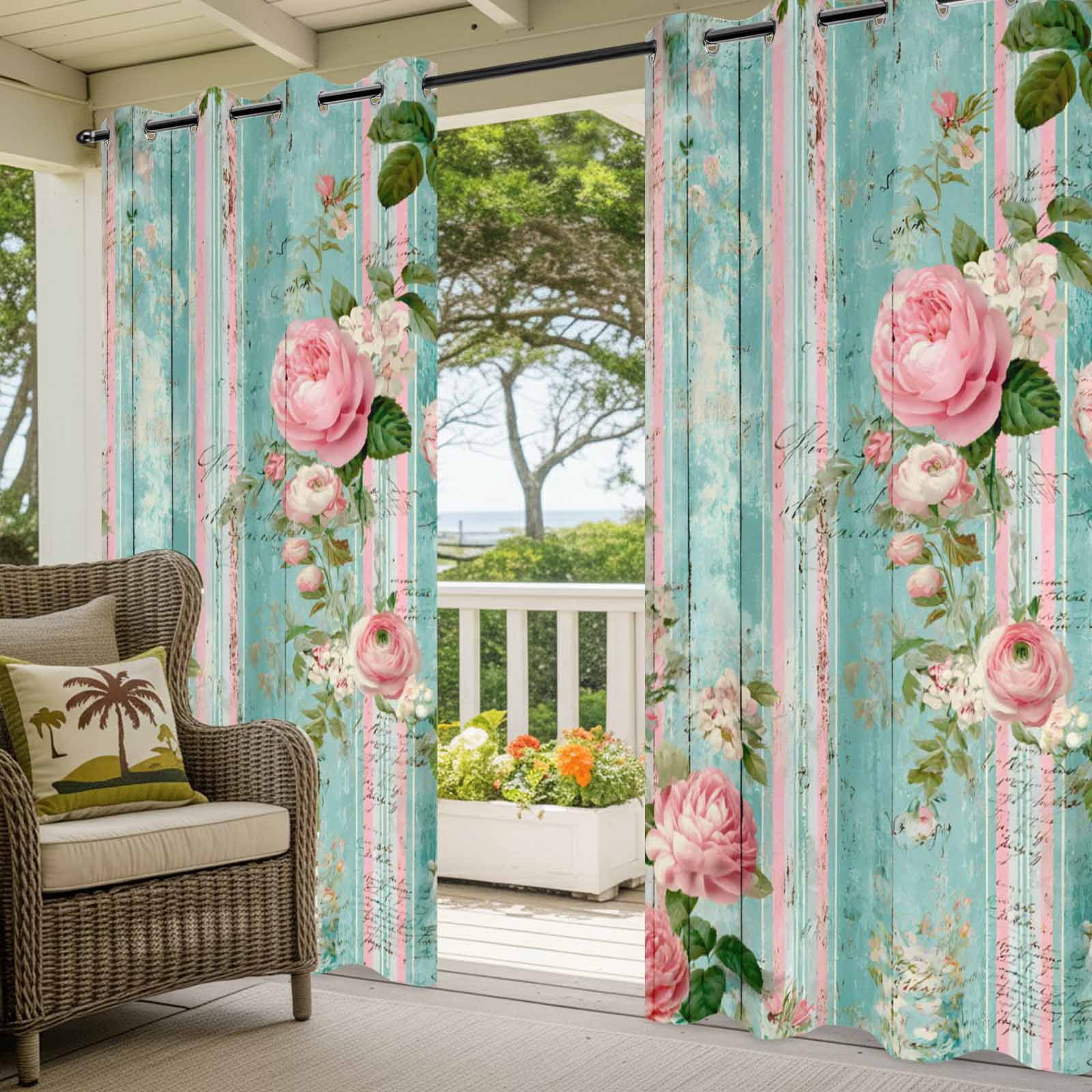 Rustic Pink Roses Outdoor Curtains for Patio, Botanical Leaves Wood Grain Vintage Sunshade Privacy Drapes Grommet Waterproof Outside Curtains for Porch/Cabana/Balcony 54"x 108", 1 Panel