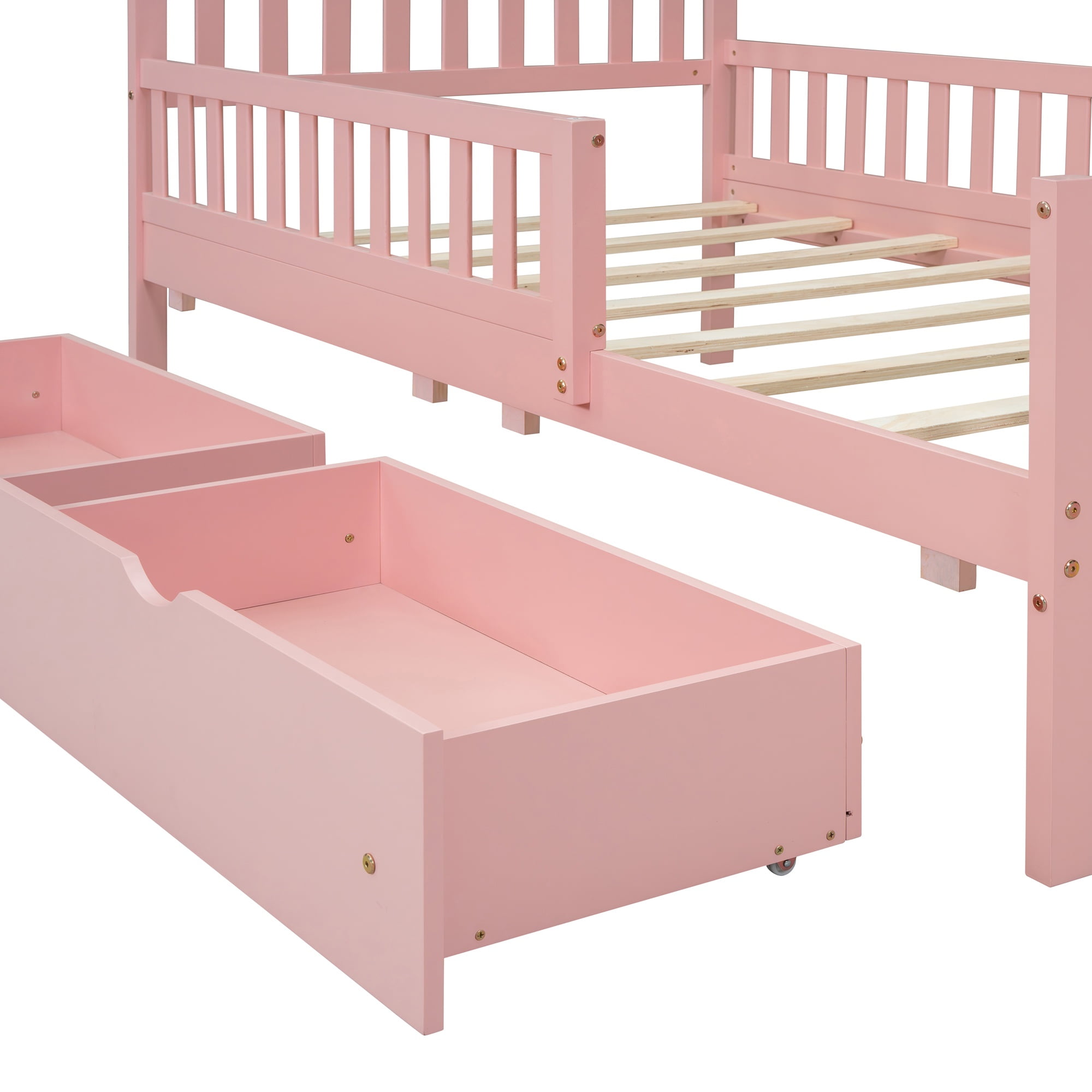 Bellemave Twin Bed with Storage Drawers and Fence Rails, Wood Platform Beds Frame with Headboard, Twin Size Storage Bed for Kids Boys Girls Teens（Pink)