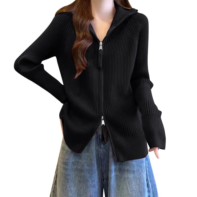 VSSSJ Women's Zip Up Cardigan Sweater Long Sleeve Lapel Ribbed Knit Loose Solid Color Sweaters Cardigans Tops Black Free Size