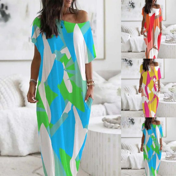 CQXIDFH Women Crew Neck Short Sleeve Midi Nightgown Print Loose Loungewear Dress, Oversized Side Pocket Casual Sleep Dress for Summer Home Resort Wear, Sizes S-2XL Blue