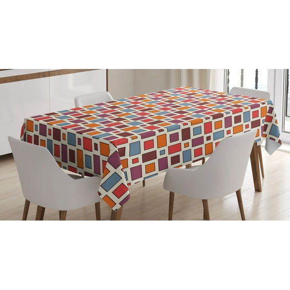 Geometric Tablecloth, Retro Colored Motley Pattern with Squares and Rectangles in a Symmetric Order, Rectangular Table Cover for Dining Room Kitchen, 52 X 70 Inches, Multicolor, by Ambesonne