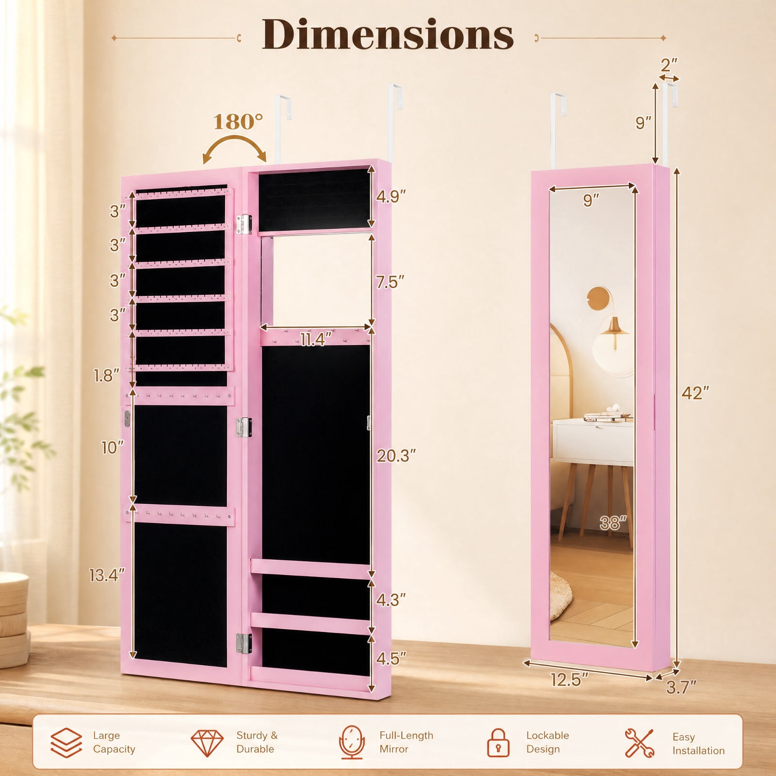 Furnibear Jewelry Cabinet Wall or Door Mounted Jewelry Armoire Modern Hanging Jewelry Organizer for Bedroom Dressing Room Jewelry Necklace, Pink