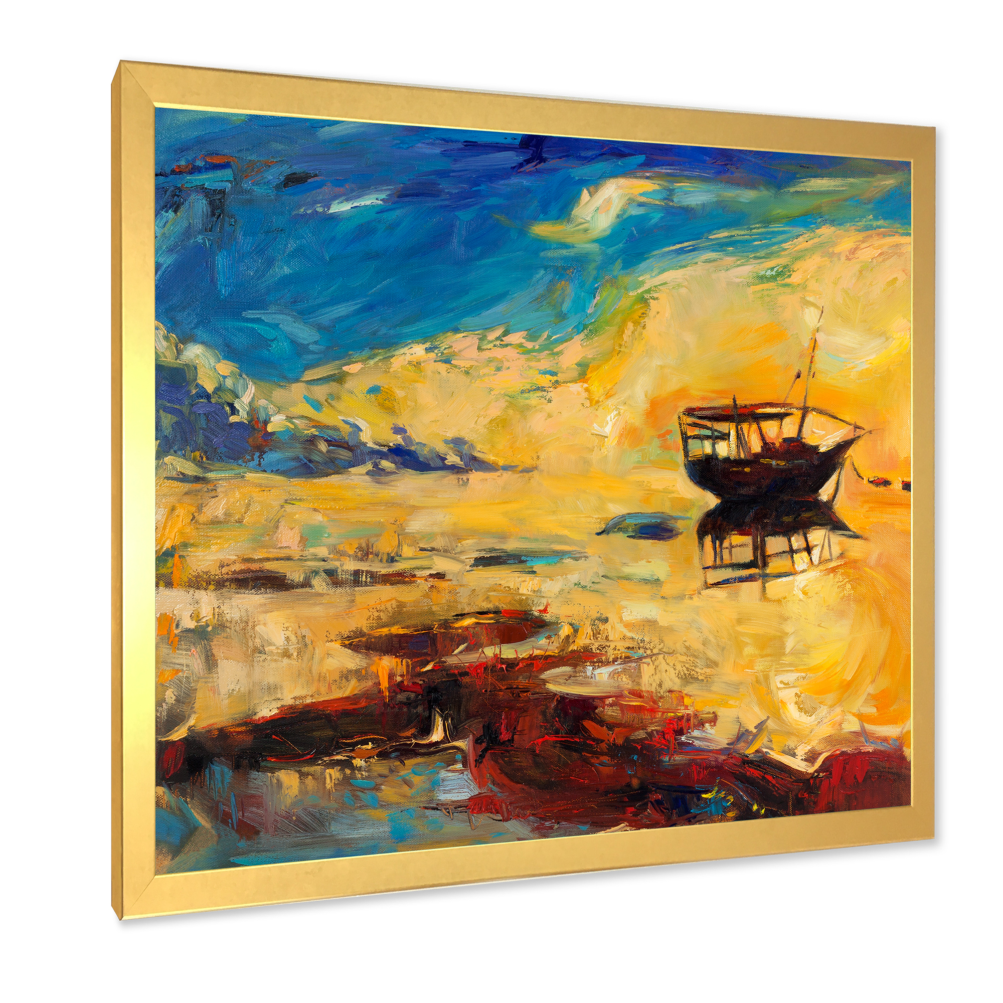 Abstract Boat At The Ocean Horizon During Sunset 36 in x 36 in Framed Painting Canvas Art Print, by Designart