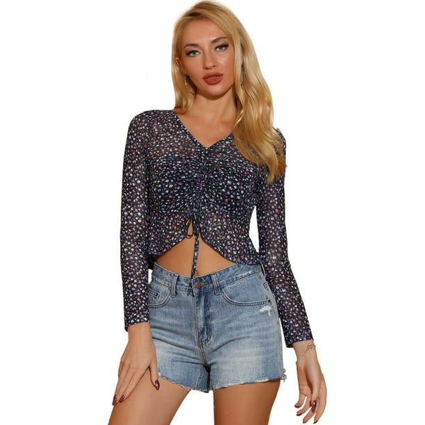 Allegra K Blusa Floral Transparente Atractivo Top Corto Con Pliegues Para Mujer Negro S