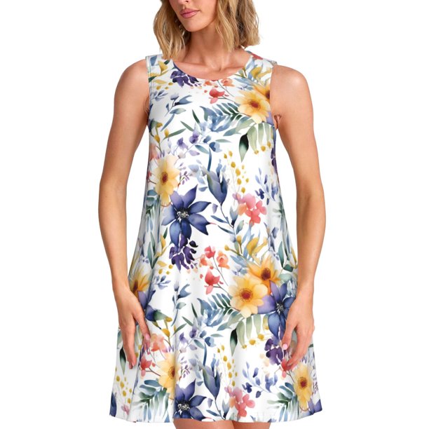 Fotbe Lilies Flowers Vestido de Verano sin Mangas para Mujer – Vestido Midi Línea A, Estilo Camiseta Floral, Vestido Playero Casual y Fluido