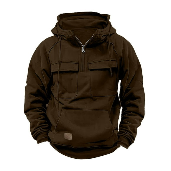 RXIRUCGD Men Sweatshirt Quarter Zip Cargo Pullover Hoodies Workout Gym Sports Running Outdoor Winter Jackets, Brown, Size: XL