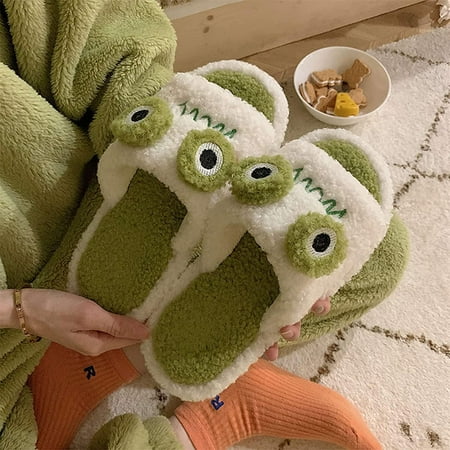 

shuwee 2022 New Frog Slippers Cute Animal Slipper for Women Girls Fashion Kawaii Fluffy Winter Warm Slippers Woman Cartoon Frog House Slippers Funny Shoes