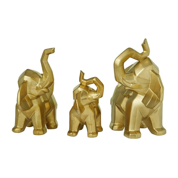 Deco 79 Sculpture Décorative en Porcelaine Éléphant, Ensemble de 3 Figurines d'Accent 12 Pouces, 11 Pouces, 8"H, Or