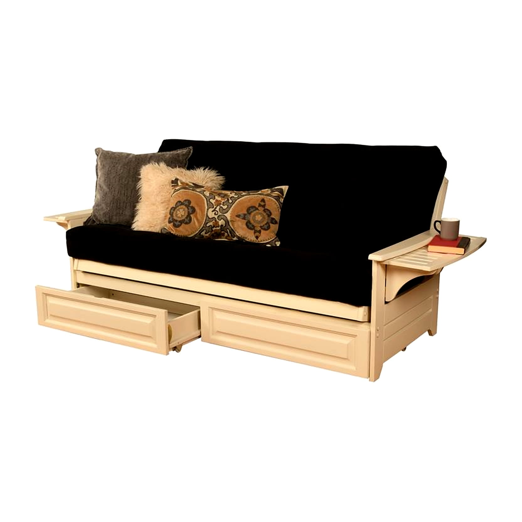 Kodiak KFPHDAWSBLKLF5MD4 Phoenix Antique White Futon Frame with Suede Black Mattress & Storage Drawers - Full Size