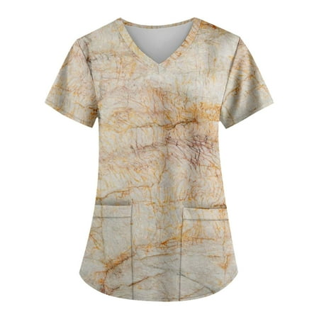 

EHTMSAK Clearance Printed Scrub Tops Floral with Pocket Womens Top with Pockets Floral Patchwork Printed Short Sleeve V-Neck Blouse Orange M