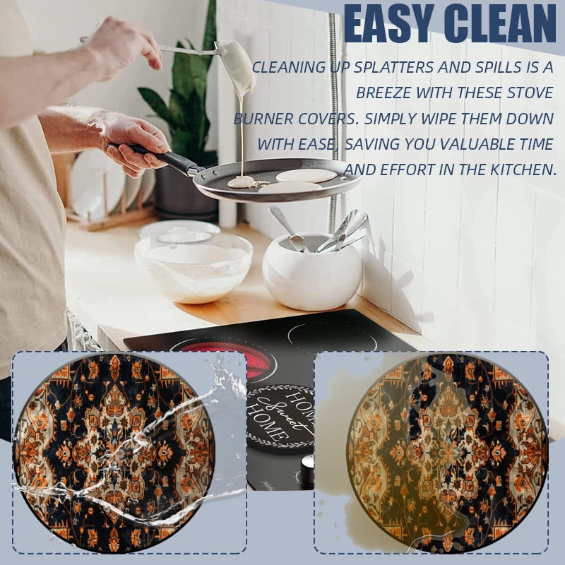 Round Burner Covers for Electric Stove, Vintage Boho Flora Symmetric Style Metal Cooktop Kitchen Decor Set of 4, 8 Inches and 10 Inches