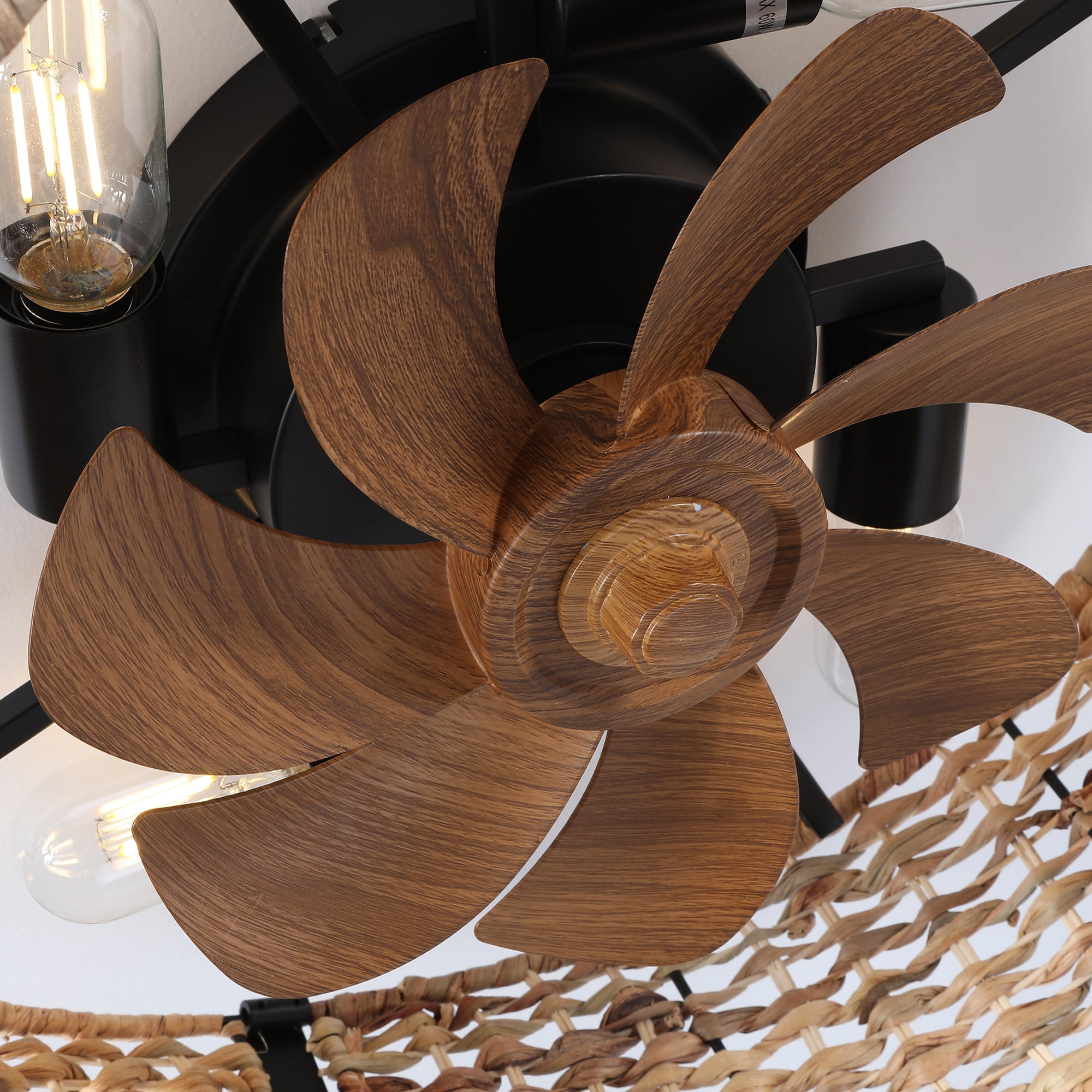 Garwarm 19.6" Boho Rattan Ceiling Fan with Lights, 4-Light Flush Mount Fandelier with Remote, Low Profile Caged Ceiling Fan, Reversible Enclosed Bladeless Fan for Bedroom Living Room
