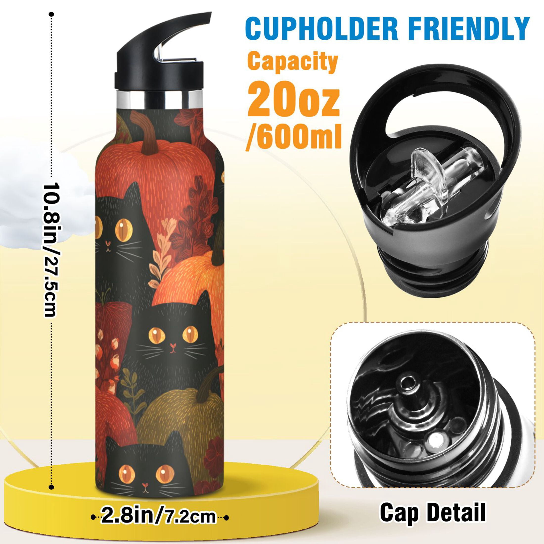Kids Insulated Stainless Steel Sports Water Bottle 600ml (20oz) Black Cat Surrounded by Pumpkins