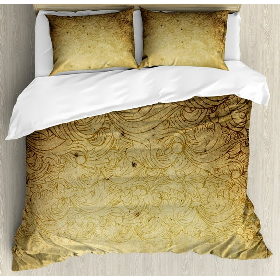 Ambesonne Vintage Duvet Cover Set, Brown Floral Ornaments, Calking, Tan